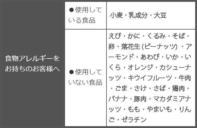 食物アレルギーをお持ちのお客様へ　/　●使用している食品：小麦・乳成分・大豆　/　●使用していない食品：えび・かに・くるみ・そば・卵・落花生 (ピーナッツ) ・アーモンド・あわび・いか・いくら・オレンジ・カシューナッツ・キウイフルーツ・牛肉・ごま・さけ・さば・鶏肉・バナナ・豚肉・まつたけ・もも・やまいも・りんご・ゼラチン