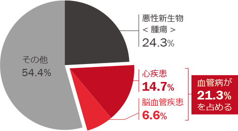 悪性新生物<腫瘍>：27.3% / 心疾患：15.0% / 脳血管疾患:7.7% / 血管病が22.7％を占める