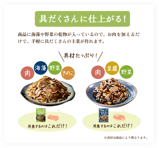 具だくさんにしあがる！ / 商品に海藻や野菜の乾物が入っているので、肉や卵を加えるだけで、手軽に具だくさんの主菜が作れます。 / 具材たっぷり / 肉・海藻・野菜・きのこ / 肉・卵・野菜・きのこ / 用意するのはこれだけ！ / 用意するのはこれだけ！