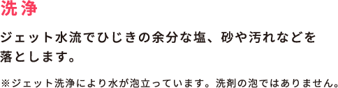 洗浄 / ジェット水流でひじきの余分な塩、砂や汚れなどを落とします。 / ※ジェット洗浄により水が泡立っています。洗剤の泡ではありません。