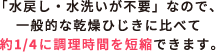 「水戻し・水洗いが不要」なので、一般的な乾燥ひじきに比べて約1/4に調理時間を短縮できます。