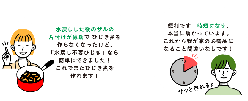 鍋に入れるだけ！　水戻しした後のざるの片付けが億劫でひじき煮を作らなくなったけど、「水戻し不要ひじき」なら簡単にできました！これでまたひじき煮を作れます！ / 便利です！時短になり、本当に助かっています。これから我が家の必需品になること間違いなしです！ サッと作れる♪