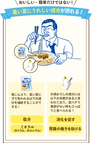 おいしい・簡単だけではない！　夏にうれしい成分が摂れる！ / 塩こんぶで、暑い夏に汗で失われる以下の成分を補給することができる！ [塩分][ミネラル（カリウム・カルシウム）] / 大根おろしの成分には以下の効果があると言われており、夏バテで食欲がない時もさっぱりと食べられる！[消化を促す][胃腸の働きを助ける]