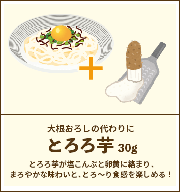 大根おろしの代わりに とろろ芋 30g / とろろ芋が塩こんぶと卵黄に絡まり、まろやかな味わいと、とろ～り食感を楽しめる！