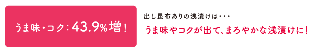 うま味・コク：43.9%増！出し昆布ありの浅漬けは・・・うま味やコクが出て、まろやかな浅漬けに！