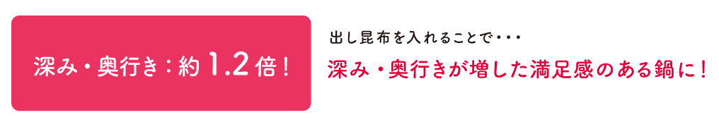 コク・奥行き：約1.2倍！出し昆布を入れることで・・・コク・奥行きが増した満足感のある鍋に！