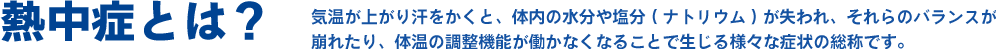 熱中症とは？ / 気温が上がり汗をかくと、体内の水分や塩分(ナトリウム)が失われ、それらのバランスが崩れたり、体温の調整機能が働かなくなることで生じる様々な症状の総称です。