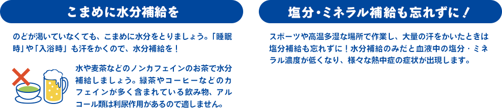 [こまめに水分補給を] のどが渇いていなくても、こまめに水分をとりましょう。「睡眠時」や「入浴後」も汗をかくので、水分補給を！水や麦茶などのノンカフェインのお茶で水分補給しましょう。緑茶やコーヒーなどのカフェインが多く含まれている飲み物、アルコール類は利尿作用があるので適しません。「１日1.2Lが目安だ！」 / [塩分補給も忘れずに！] スポーツや高温多湿な場所で作業し、大量の汗をかいたときは塩分摂取も忘れずに！水分補給のみだと血液中の塩分・ミネラル濃度が低くなり、様々な熱中症の症状が出現します。塩こんぶなど塩分を含む食品を食べたり、水分と塩分を同時に補給できるスポーツドリンクなどを飲みましょう。「塩こんぶで塩分・ミネラル補給！」