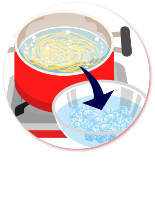 スパゲッティは袋の表示より1分程度長くゆで、冷水で洗い氷水につける