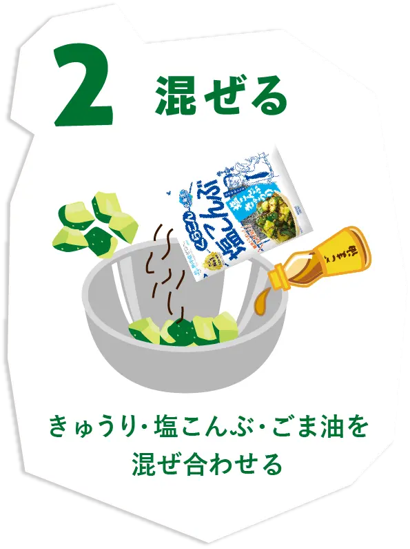 混ぜる きゅうり・塩こんぶ・ごま油を混ぜ合わせる