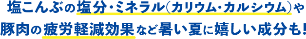 塩こんぶの塩分・ミネラル（カリウム・カルシウム）や豚肉の疲労軽減効果など暑い夏に嬉しい成分も！